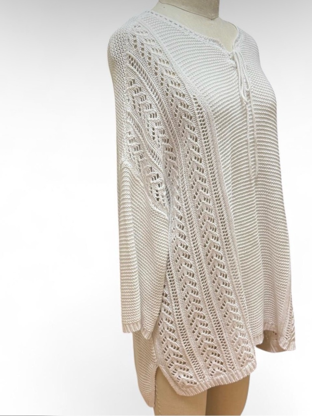 Chaps White Crochet Open Knit Summer Sweater Sz XL 3/4 sleeves lace up detail